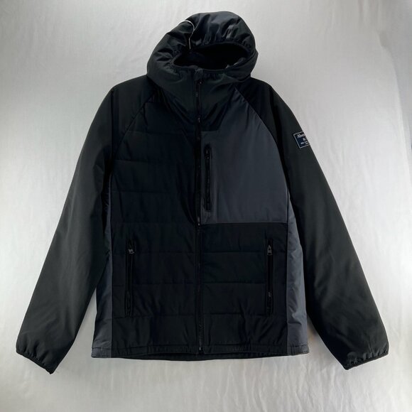 Abercrombie & Fitch Hooded Puffer Jacket Men Sz M Full Zip Colorblock Gray Black - Picture 1 of 15